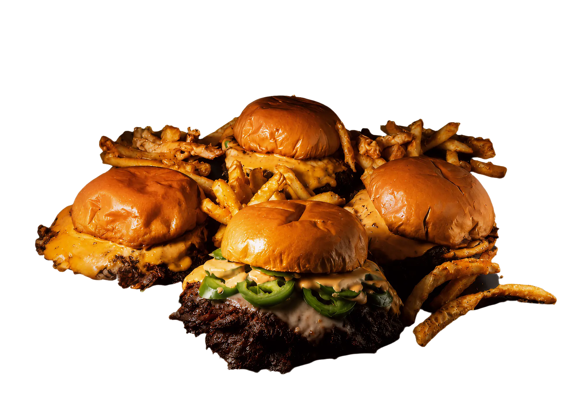 Four Gotham Halal smash burgers and loaded fries piled together